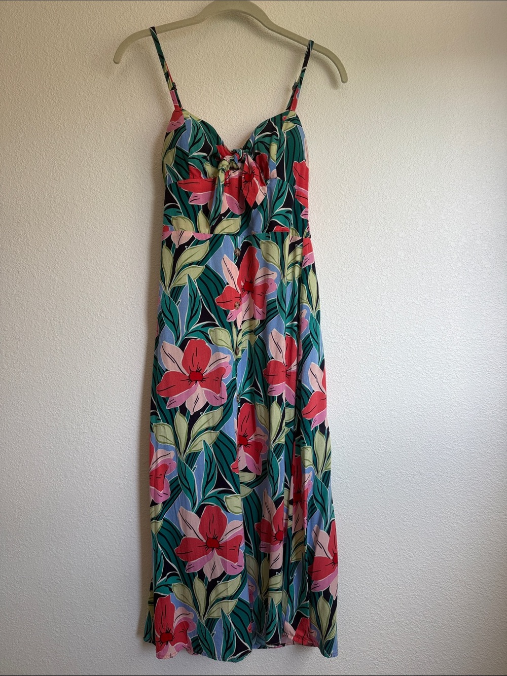 Coastal Resort Tropical Floral smoked tie front Maxi Dress Sz S